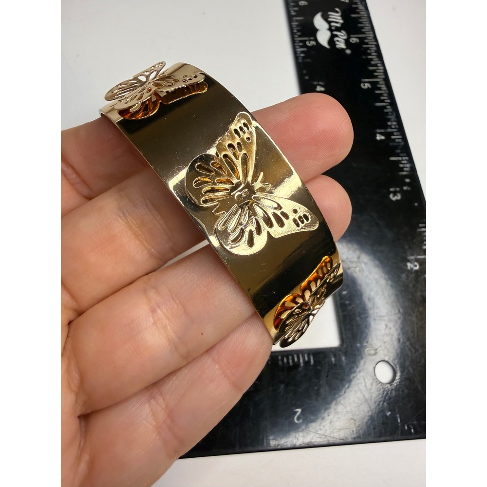 Gold Tone Butterfly Wide Cuff Bracelet Polished Metallic Open Bangle